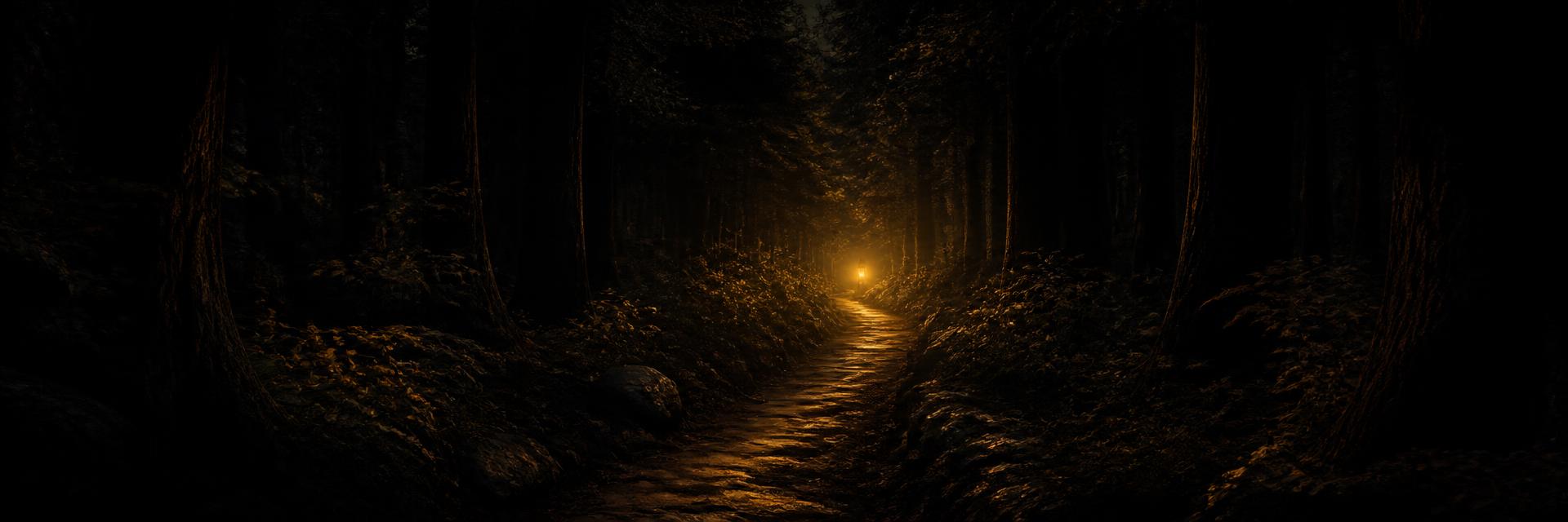 A lantern-lit path leading into a dark forest