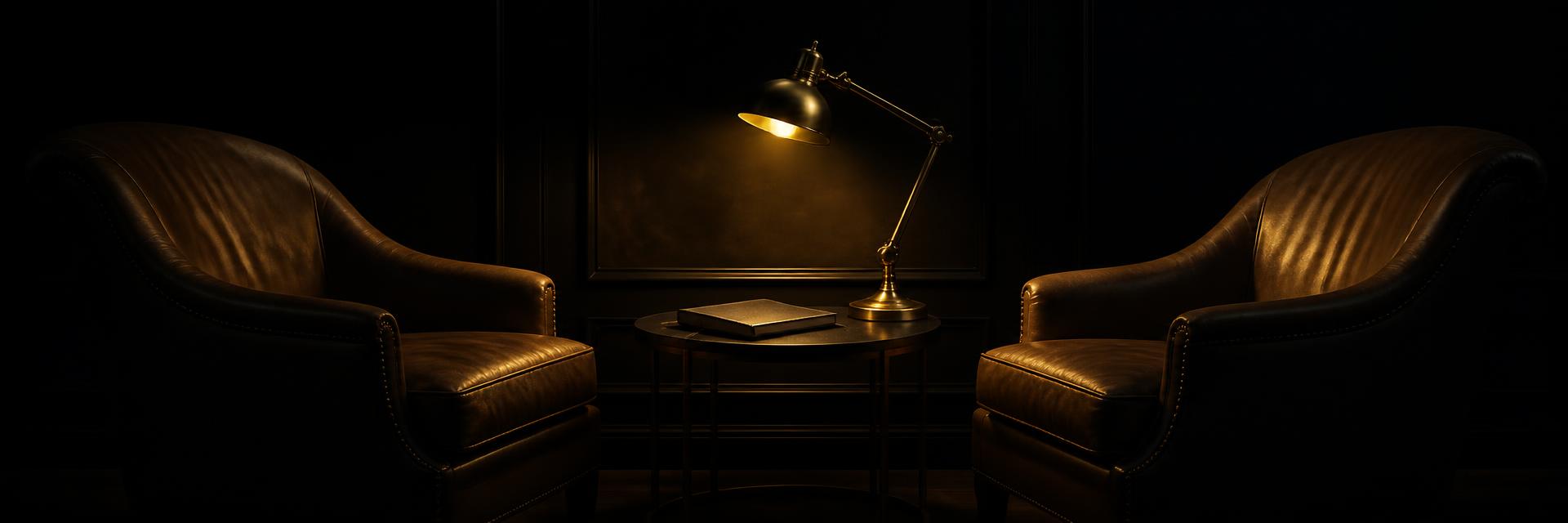 Two armchairs facing each other under a warm lamp