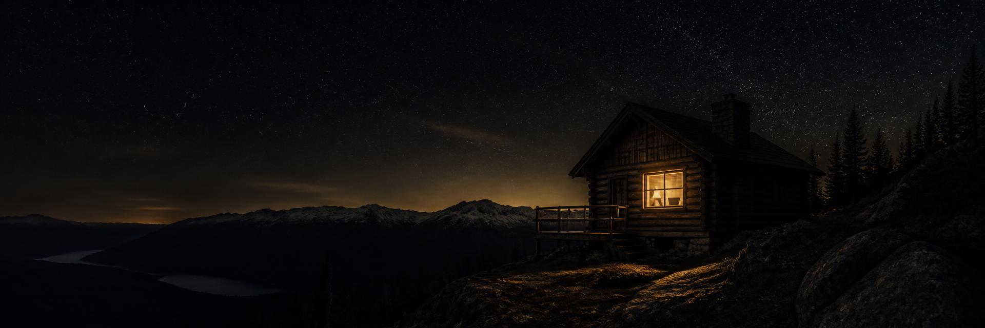 A remote cabin lit by a single warm window under a starry sky