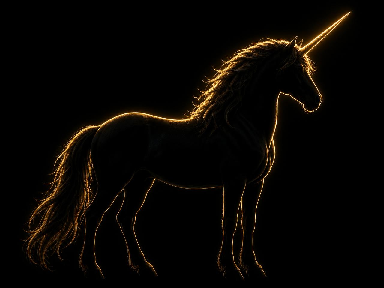 Black unicorn silhouette outlined by golden rim light