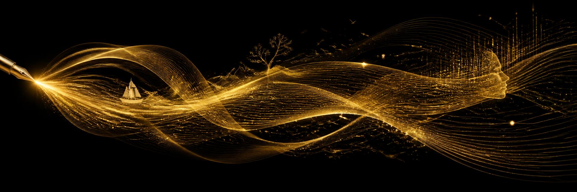 Streams of golden light forming lines of story