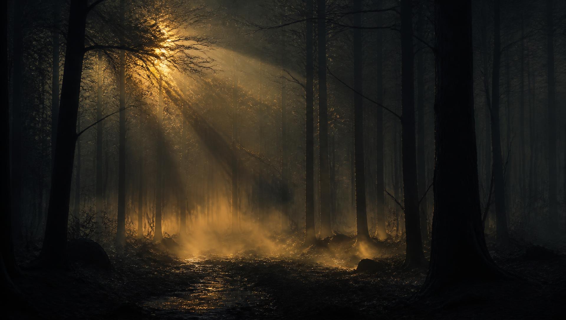 Golden light breaking through a dark forest